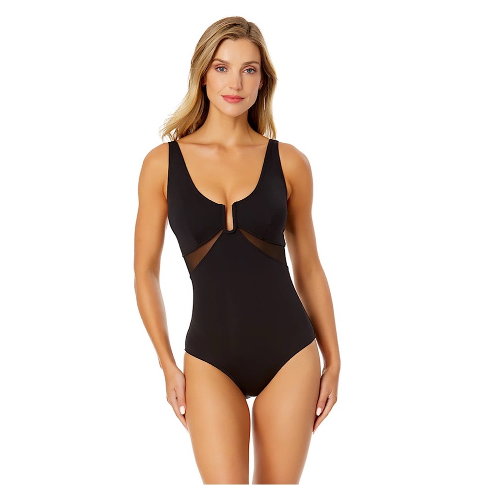Anne Cole Mesh Around U Ring Mesh Insert One Piece Swimsuit BLACK‎ 6